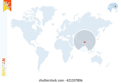 Mapa mundial con la ampliación en Bután. Globo de tierra azul con pin de bandera de Bután. Zoom en el mapa. Ilustración vectorial