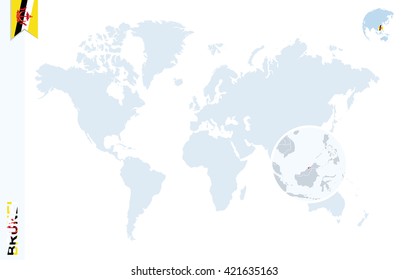 World map with magnifying on Brunei. Blue earth globe with Brunei flag pin. Zoom on map. Vector Illustration.