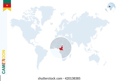 World map with magnifying on Cameroon. Blue earth globe with Cameroon flag pin. Zoom on  map. Vector Illustration