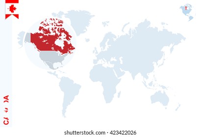 World map with magnifying on Canada. Blue earth globe with Canada flag pin. Zoom on map. Vector Illustration