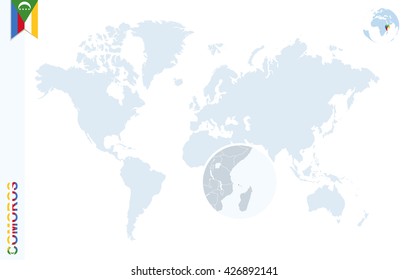 World map with magnifying on Comoros. Blue earth globe with Comoros flag pin. Zoom on map. Vector Illustration