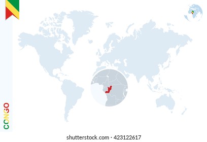 World map with magnifying on Congo. Blue earth globe with Congo flag pin. Zoom on map. Vector Illustration