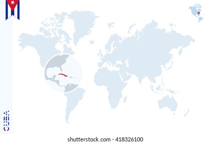 Mapa mundial con magnificación en Cuba. Globo de tierra azul con el pin de la bandera de Cuba. Zoom en el mapa de Cuba. Ilustración vectorial