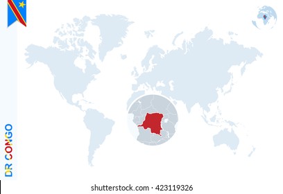 World map with magnifying on Democratic Republic of the Congo. Blue earth globe with DR Congo flag pin. Zoom on DRC map. Vector Illustration