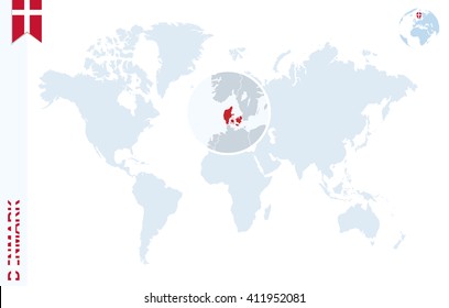 World map with magnifying on Denmark. Blue earth globe with Denmark flag pin. Zoom on Denmark map. Vector Illustration