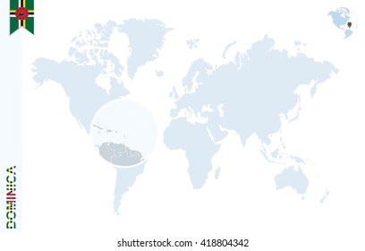 World map with magnifying on Dominica. Blue earth globe with Dominica flag pin. Zoom on Dominica map. Vector Illustration