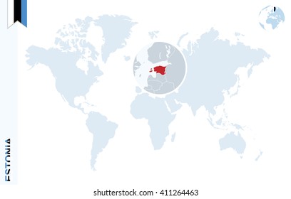 World map with magnifying on Estonia. Blue earth globe with Estonia flag pin. Zoom on Estonia map. Vector Illustration