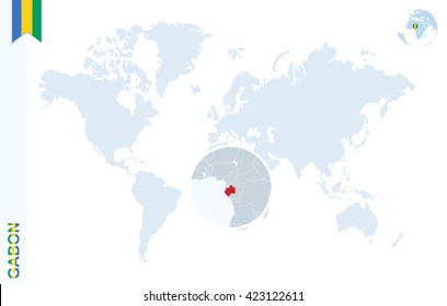 World map with magnifying on Gabon. Blue earth globe with Gabon flag pin. Zoom on map. Vector Illustration