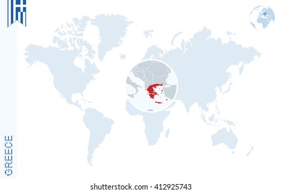 World Map With Magnifying On Greece. Blue Earth Globe With Greece Flag Pin. Zoom On Greece Map. Vector Illustration