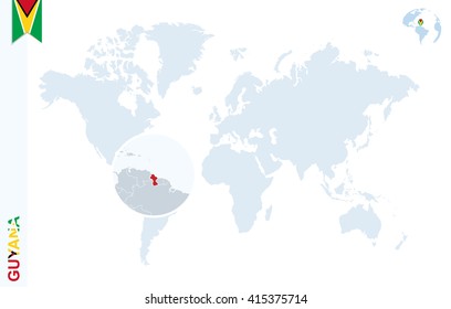 World map with magnifying on Guyana. Blue earth globe with Guyana flag pin. Zoom on Guyana map. Vector Illustration