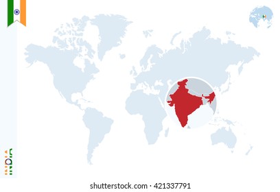 World map with magnifying on India. Blue earth globe with India flag pin. Zoom on map. Vector Illustration