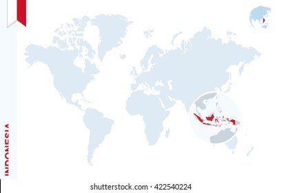World map with magnifying on Indonesia. Blue earth globe with Indonesia flag pin. Zoom on map. Vector Illustration