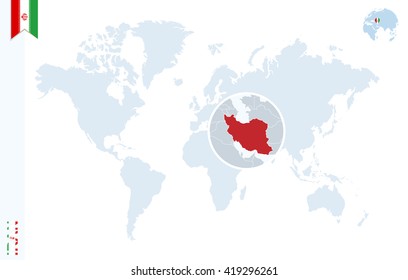 World map with magnifying on Iran. Blue earth globe with Iran flag pin. Zoom on Iran map. Vector Illustration