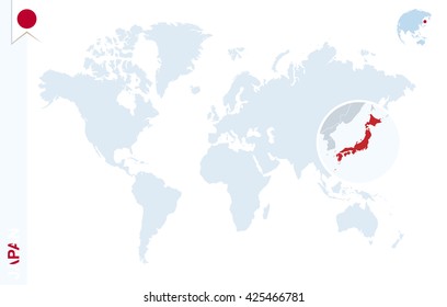 World map with magnifying on Japan. Blue earth globe with Japan flag pin. Zoom on map. Vector Illustration