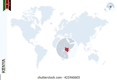 World map with magnifying on Kenya. Blue earth globe with Kenya flag pin. Zoom on map. Vector Illustration