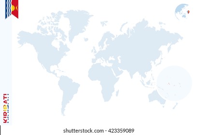 World map with magnifying on Kiribati. Blue earth globe with Kiribati flag pin. Zoom on map. Vector Illustration