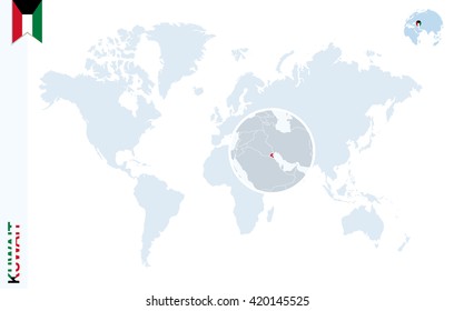 World map with magnifying on Kuwait. Blue earth globe with Kuwait flag pin. Zoom on map. Vector Illustration