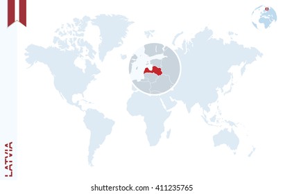 World map with magnifying on Latvia. Blue earth globe with Latvia flag pin. Zoom on Latvia map. Vector Illustration