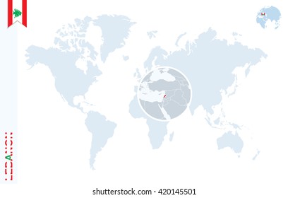 World map with magnifying on Lebanon. Blue earth globe with Lebanon flag pin. Zoom on map. Vector Illustration