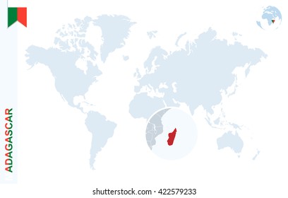 World map with magnifying on Madagascar. Blue earth globe with Madagascar flag pin. Zoom on map. Vector Illustration