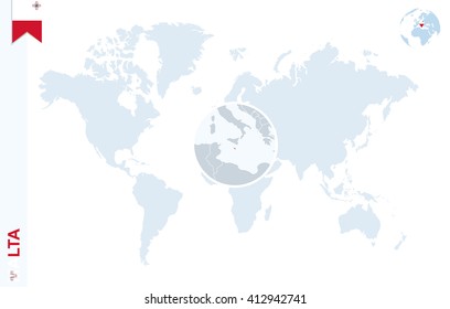 World map with magnifying on Malta. Blue earth globe with Malta flag pin. Zoom on Malta map. Vector Illustration