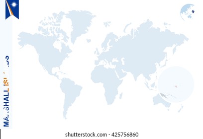 World map with magnifying on Marshall Islands. Blue earth globe with Marshall Islands flag pin. Zoom on map. Vector Illustration