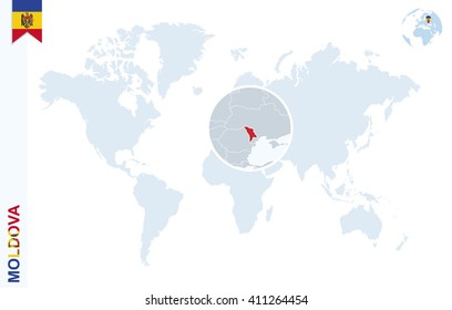World map with magnifying on Moldova. Blue earth globe with Moldova flag pin. Zoom on Moldova map. Vector Illustration