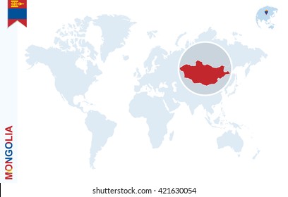 World map with magnifying on Mongolia. Blue earth globe with Mongolia flag pin. Zoom on map. Vector Illustration