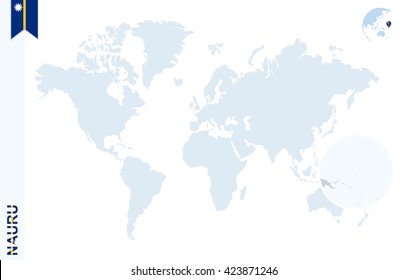 World map with magnifying on Nauru. Blue earth globe with Nauru flag pin. Zoom on map. Vector Illustration