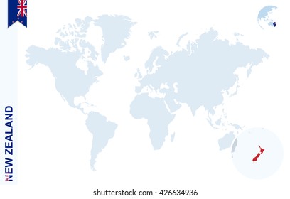 World map with magnifying on New Zealand. Blue earth globe with New Zealand flag pin. Zoom on map. Vector Illustration