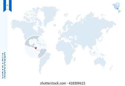 World map with magnifying on Nicaragua. Blue earth globe with Nicaragua flag pin. Zoom on Nicaragua map. Vector Illustration