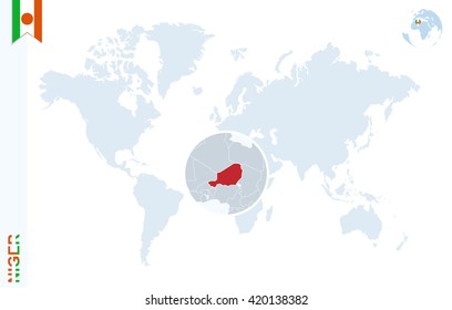 World map with magnifying on Niger. Blue earth globe with Niger flag pin. Zoom on  map. Vector Illustration