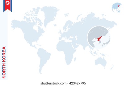 World map with magnifying on North Korea. Blue earth globe with North Korea flag pin. Zoom on map. Vector Illustration
