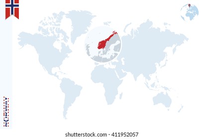 World map with magnifying on Norway. Blue earth globe with Norway flag pin. Zoom on Norway map. Vector Illustration