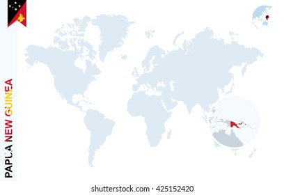 World map with magnifying on Papua New Guinea. Blue earth globe with flag pin. Zoom on Papua New Guinea map. Vector Illustration