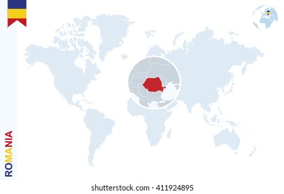 World map with magnifying on Romania. Blue earth globe with Romania flag pin. Zoom on Romania map. Vector Illustration