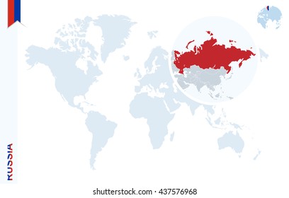 World map with magnifying on Russia. Blue earth globe with Russia flag pin. Zoom on map. Vector Illustration