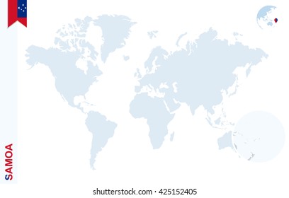 World map with magnifying on Samoa. Blue earth globe with Samoa flag pin. Zoom on map. Vector Illustration