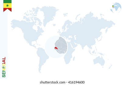 World map with magnifying on Senegal. Blue earth globe with Senegal flag pin. Zoom on Senegal map. Vector Illustration