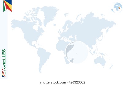 World map with magnifying on Seychelles. Blue earth globe with Seychelles flag pin. Zoom on map. Vector Illustration