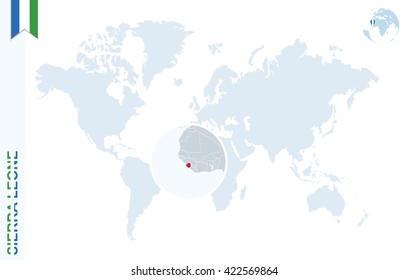 World map with magnifying on Sierra Leone. Blue earth globe with Sierra Leone flag pin. Zoom on map. Vector Illustration