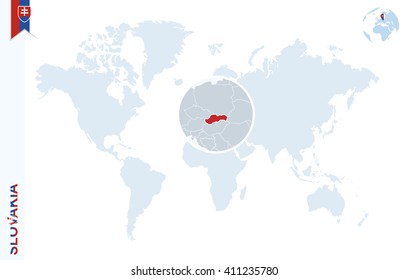 World map with magnifying on Slovakia. Blue earth globe with Slovakia flag pin. Zoom on Slovakia map. Vector Illustration