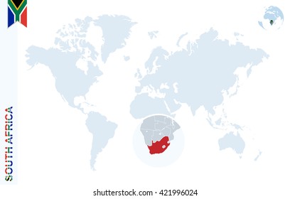 World map with magnifying on South Africa. Blue earth globe with South Africa flag pin. Zoom on map. Vector Illustration