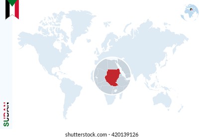 World map with magnifying on Sudan. Blue earth globe with Sudan flag pin. Zoom on map. Vector Illustration