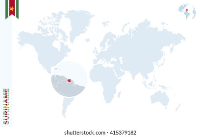 World map with magnifying on Suriname. Blue earth globe with Suriname flag pin. Zoom on Suriname map. Vector Illustration