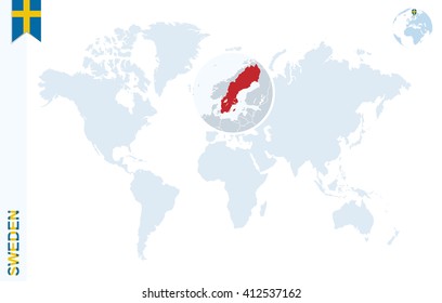 World map with magnifying on Sweden. Blue earth globe with Sweden flag pin. Zoom on Sweden map. Vector Illustration
