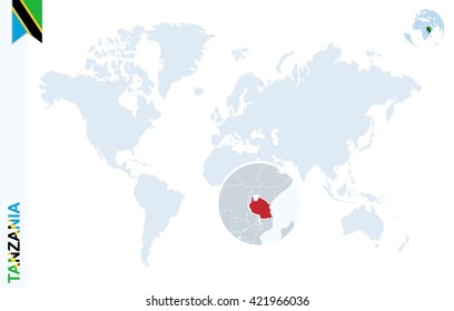 World map with magnifying on Tanzania. Blue earth globe with Tanzania flag pin. Zoom on map. Vector Illustration