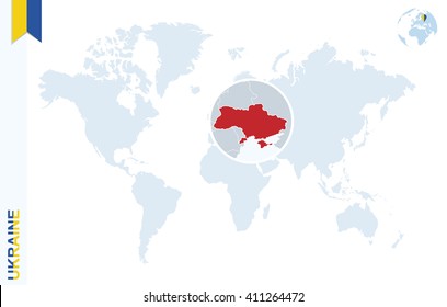 World map with magnifying on Ukraine. Blue earth globe with Ukraine flag pin. Zoom on Ukraine map. Vector Illustration