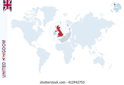 World map with magnifying on United Kingdom. Blue earth globe with United Kingdom flag pin. Zoom on United Kingdom map. Vector Illustration