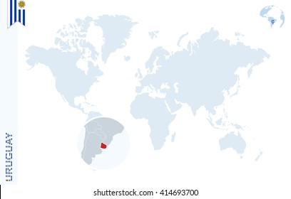 World map with magnifying on Uruguay. Blue earth globe with Uruguay flag pin. Zoom on Uruguay map. Vector Illustration